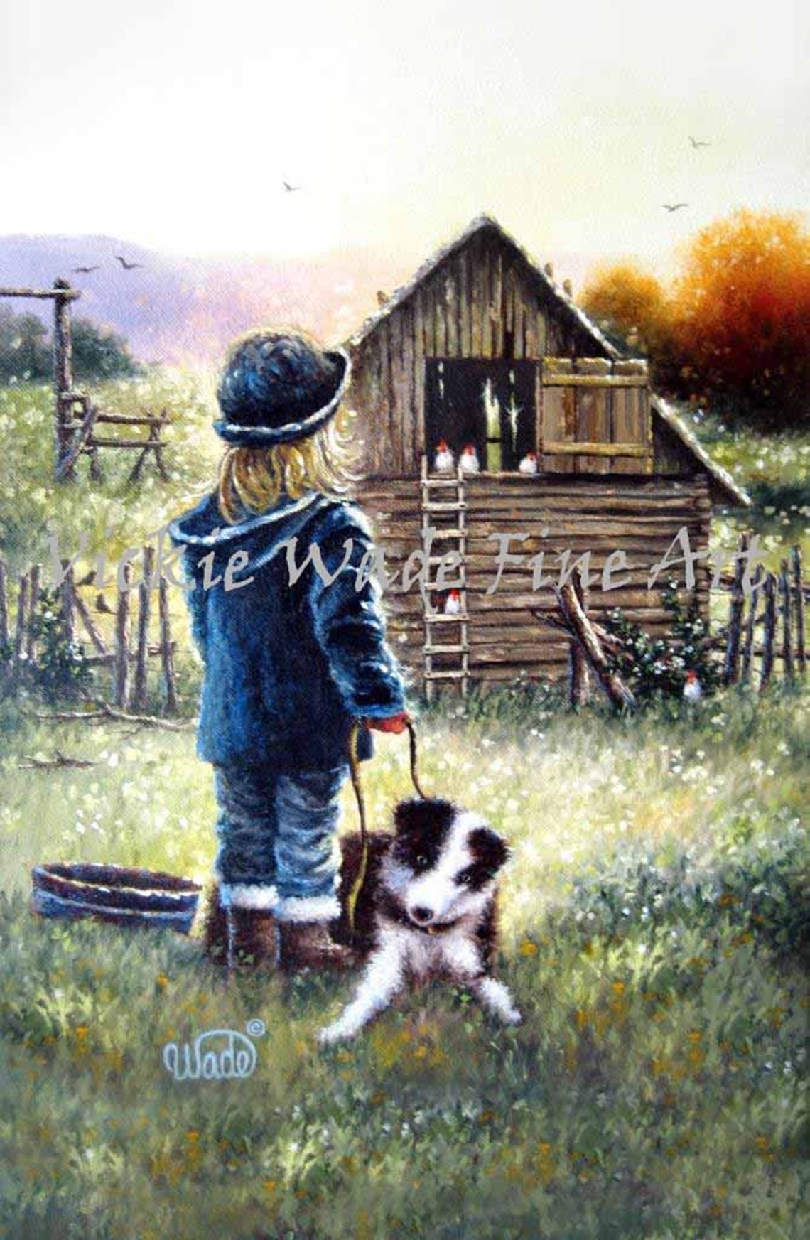 Blonde Farm Girl with Her Border Collie and Chicken Coop Poster