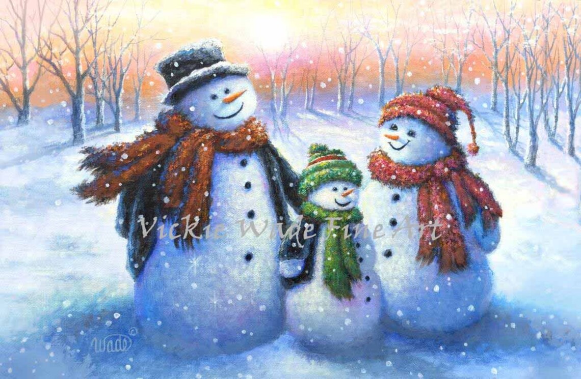 Snowman Family of Three in Snowy Woods Winter Wonderland Poster