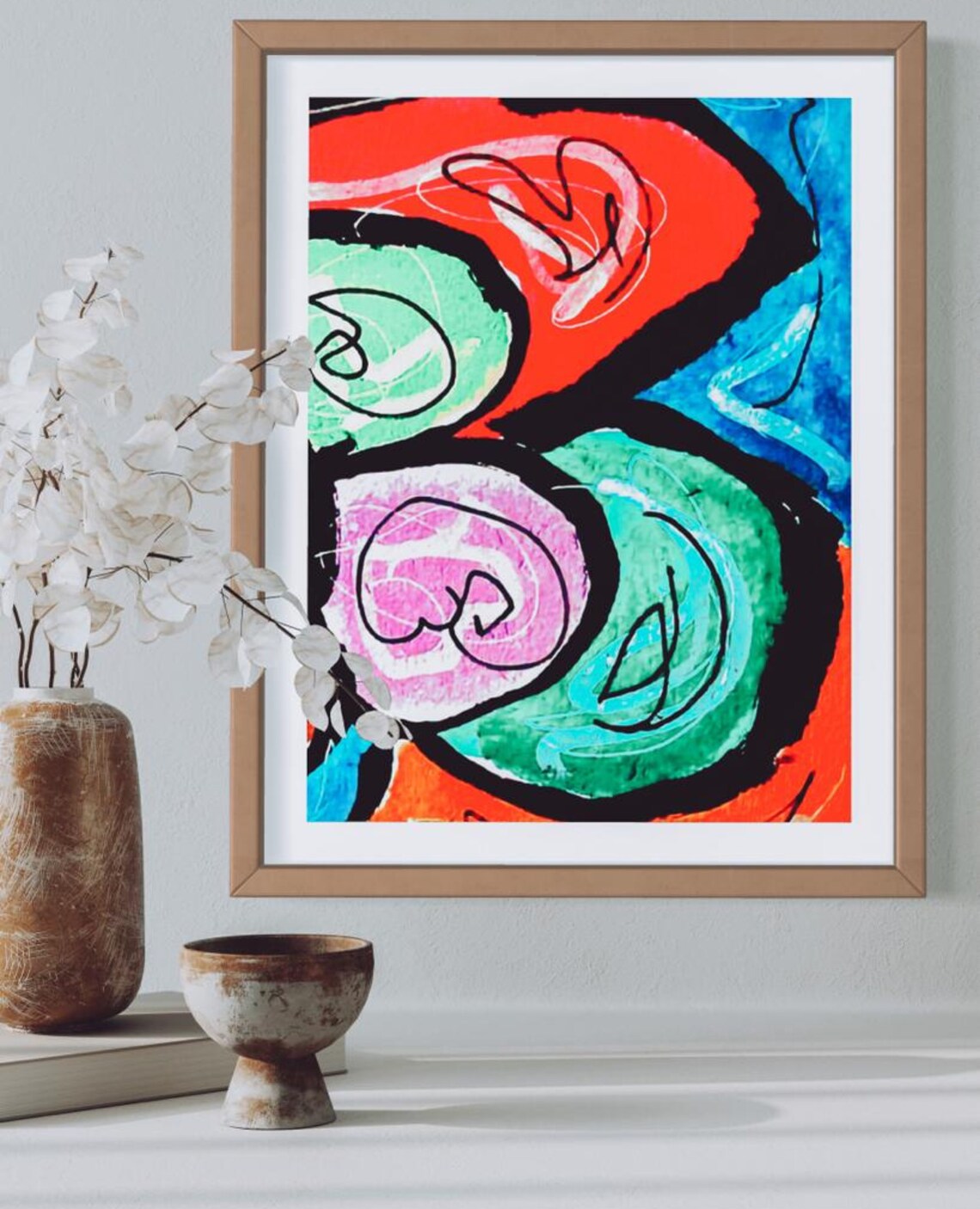 Energetic Bold Red Black Teal Abstract Swirl Modern Art Poster
