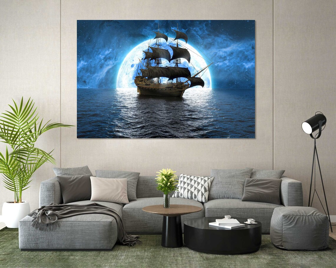 Tall Ship Sailing Under Giant Full Moon Night Seascape Fantasy Poster - Image 7