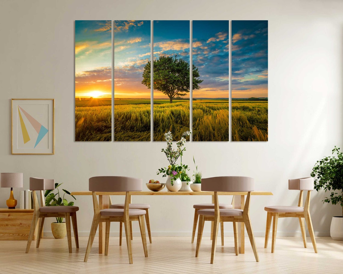 Lone Tree Golden Wheat Field Sunset Dramatic Clouds Nature Poster - Image 6