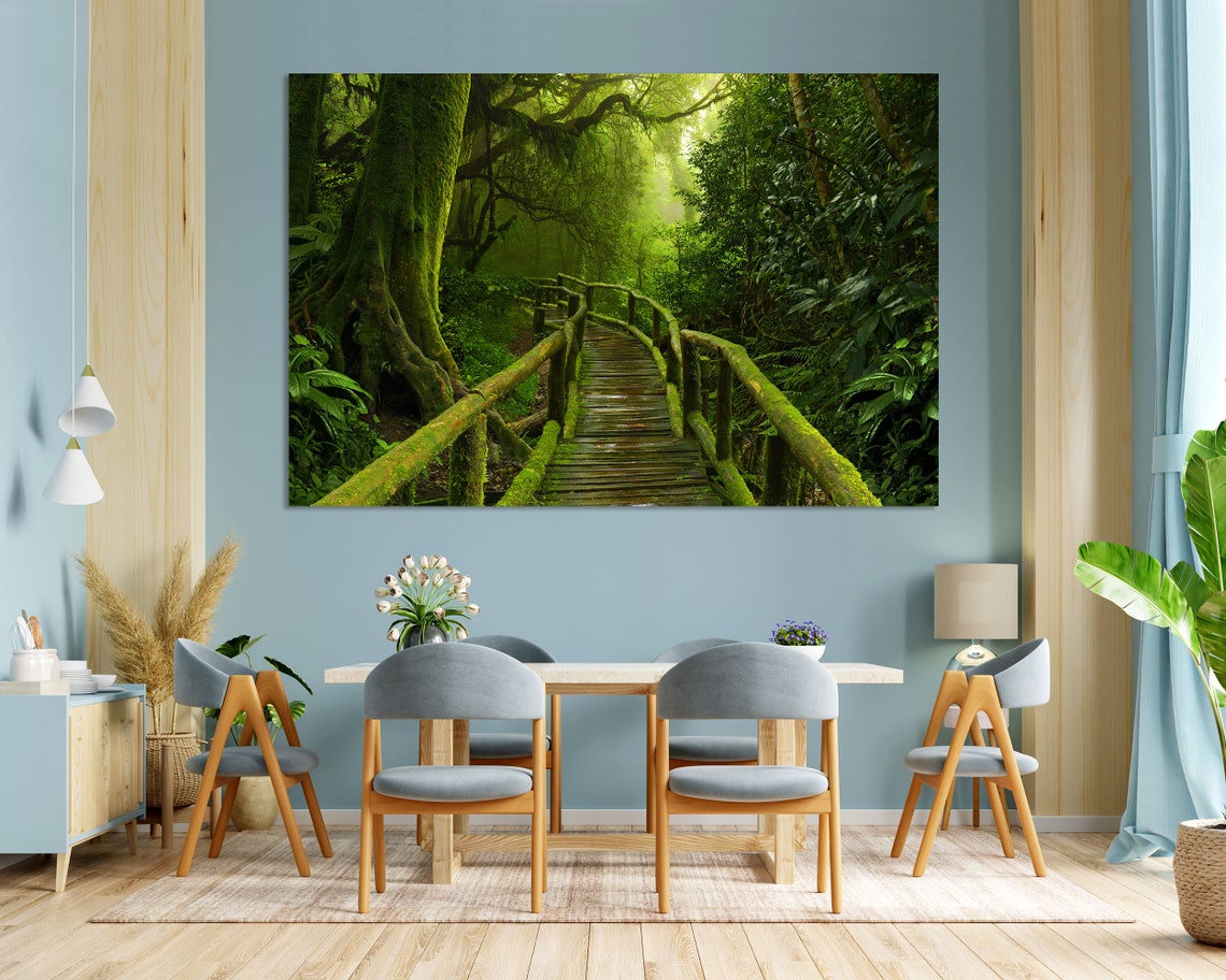 Tropical Green Jungle Forest With Mossy Wooden Bridge Art Print - Image 3