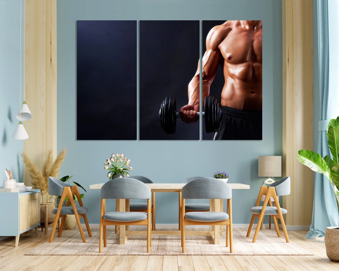 Muscular Man Dumbbell Curl Dark Background Fitness Gym Wall Art Poster - Image 3