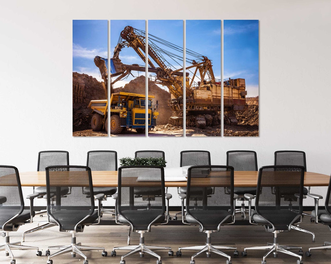 Giant Mining Excavator Loading Dump Truck Open Pit Five Panel Poster