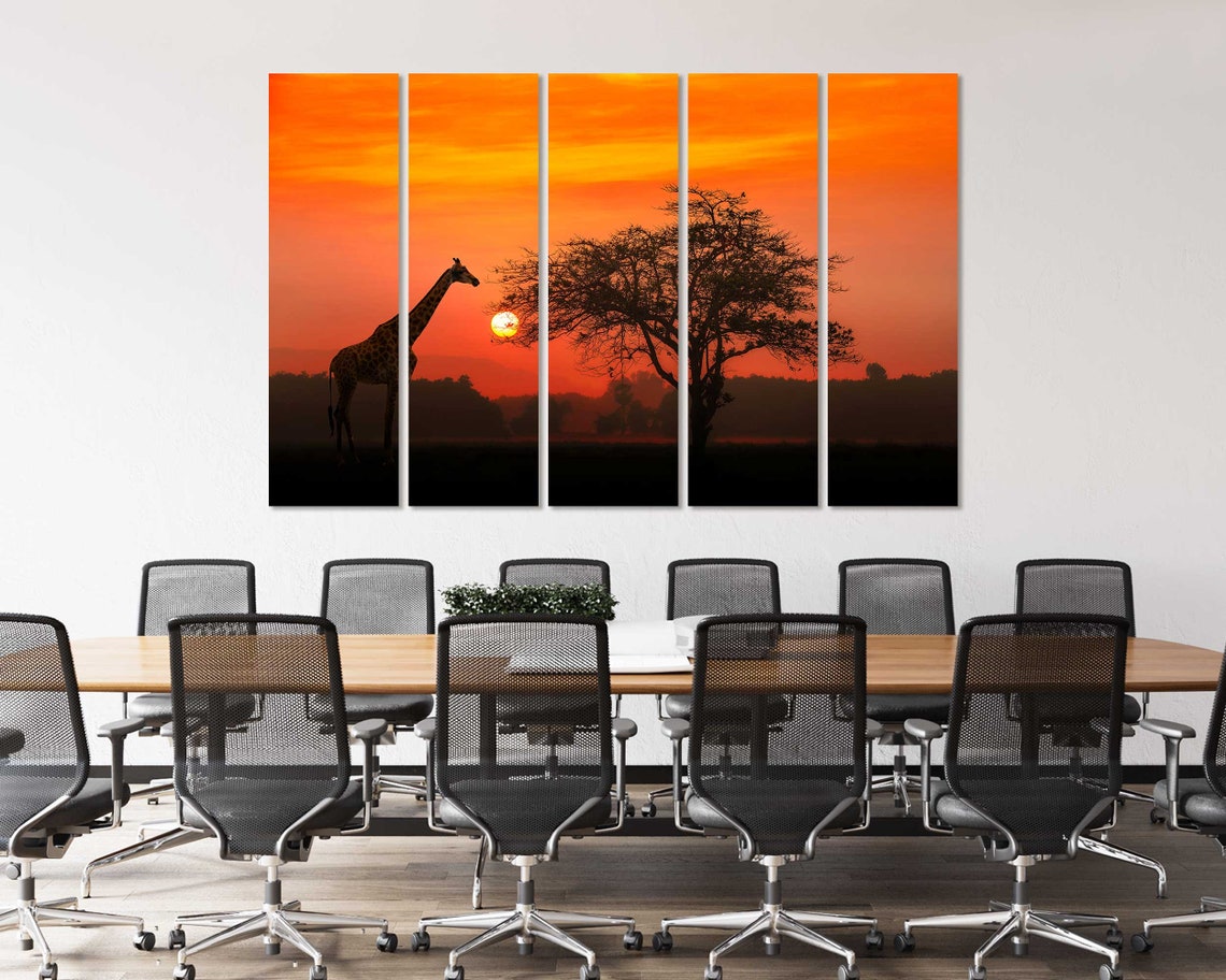 Giraffe Silhouette At Red Sunset With Acacia Tree Safari Poster - Image 4