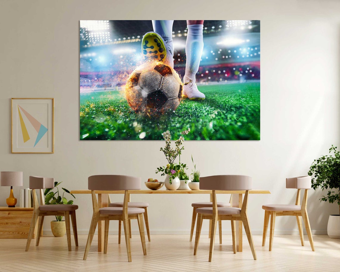 Soccer Player Kicking Flaming Ball in Stadium Sports Action Poster