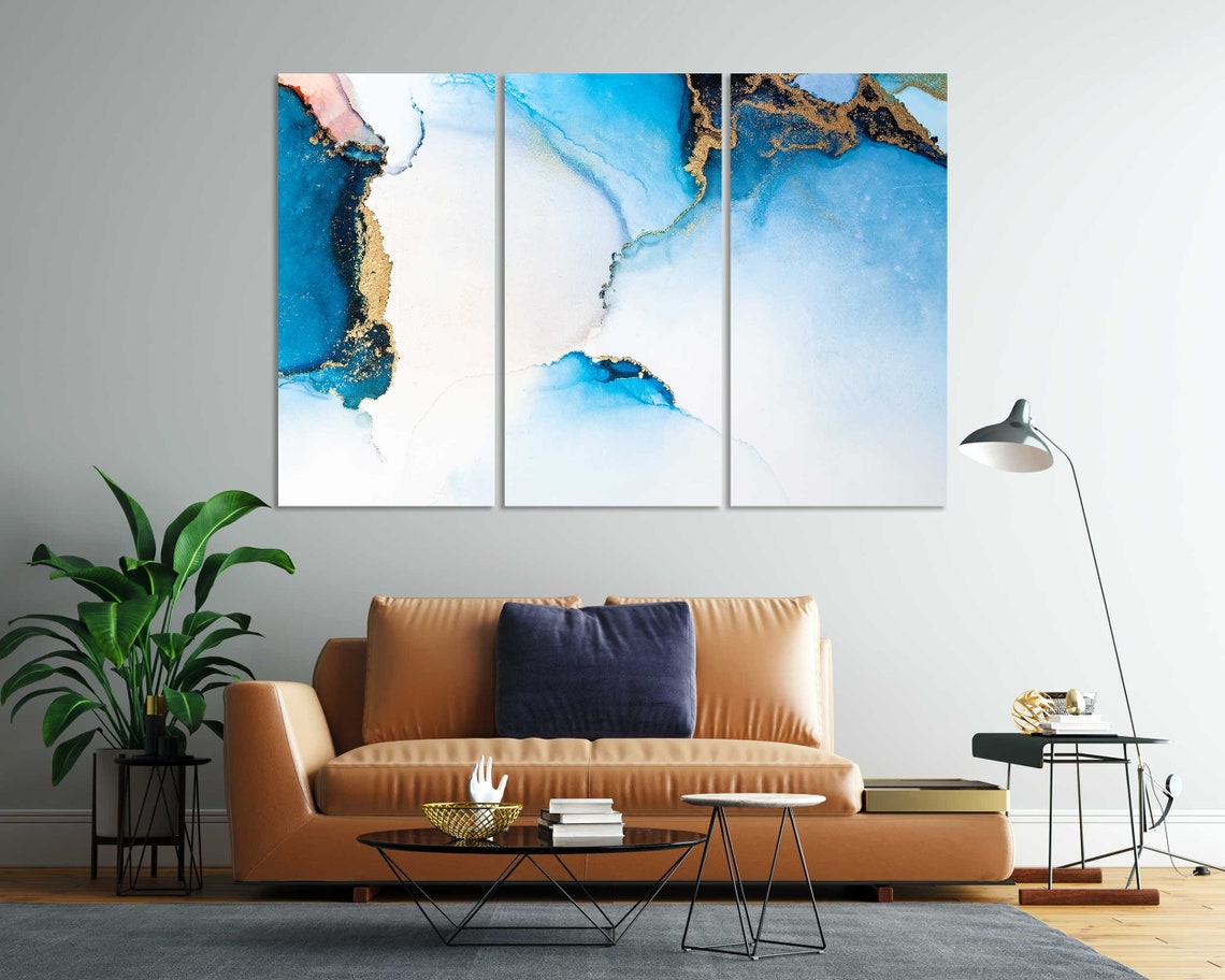Blue Gold White Marble Watercolor Abstract Modern Luxury Wall Poster - Image 6