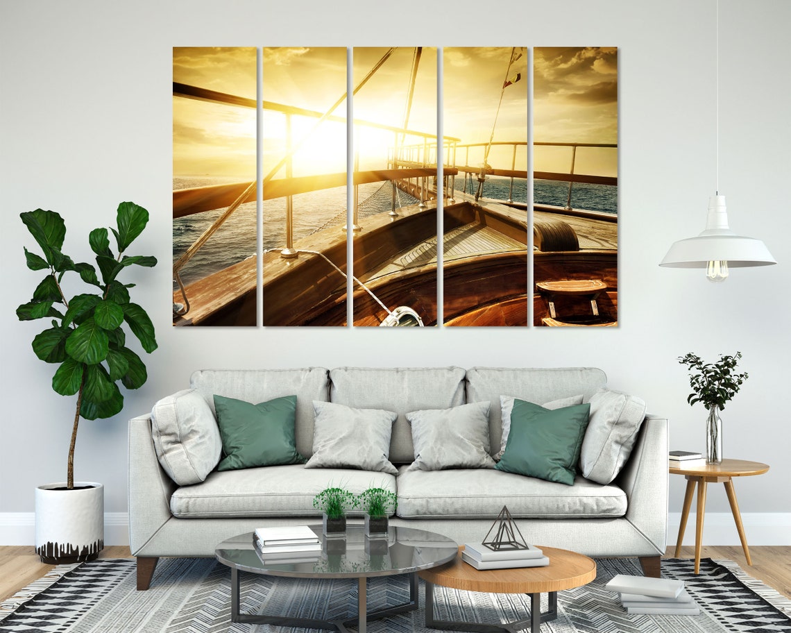 Wooden Sailboat Bow At Golden Sunset Over Open Sea Photo Poster - Image 6