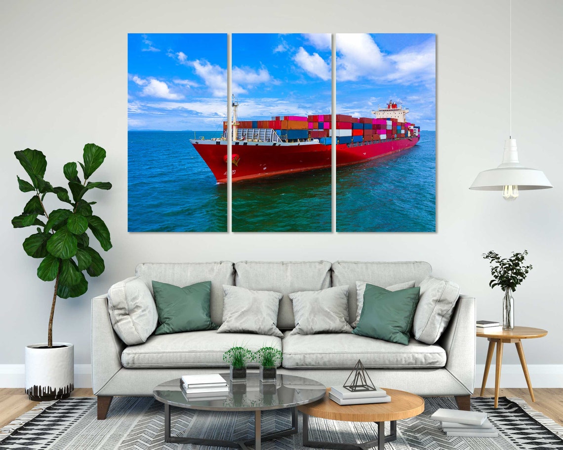 Red Container Cargo Ship Sailing Blue Ocean Quadriptych Sea Art Poster - Image 8