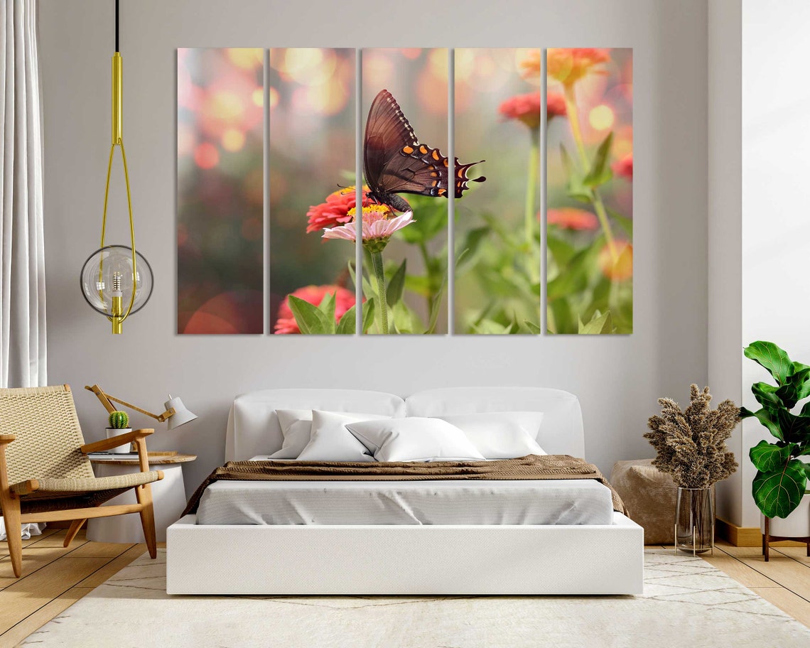 Dark Brown Butterfly On Pink Zinnia Flowers Bokeh Garden Wall Art - Image 6
