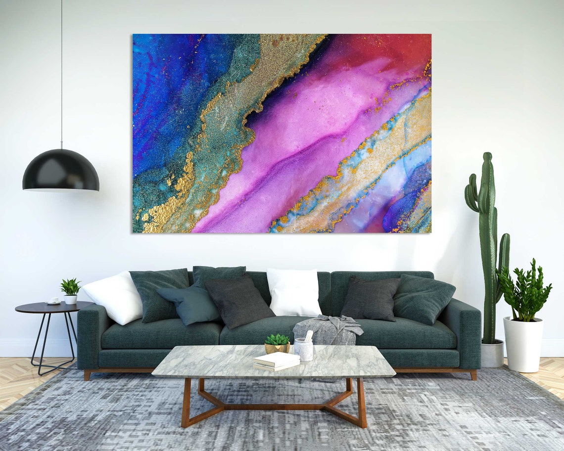 Purple Pink Blue Gold Diagonal Marble Ink Flow Wall Art Poster - Image 2