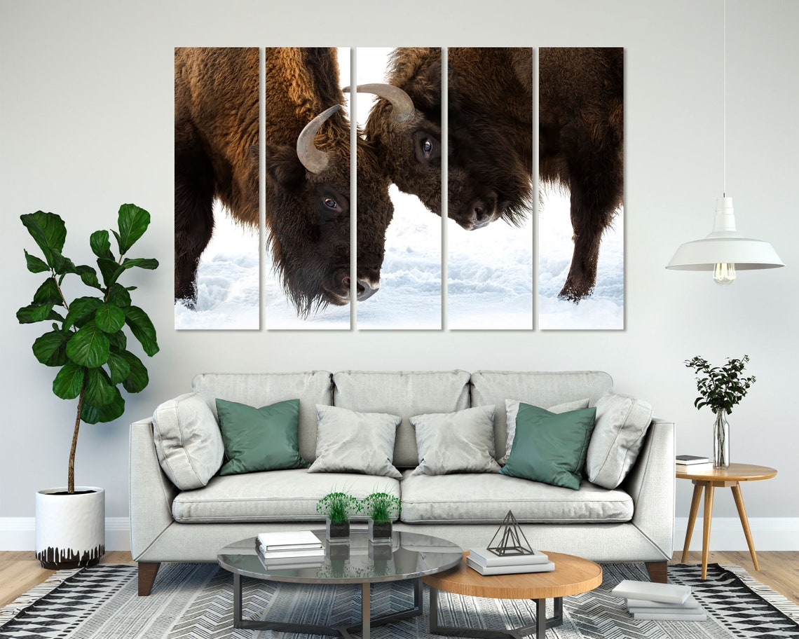 Two Bison Facing Off In The Snow Wildlife Winter Portrait Wall Art - Image 7