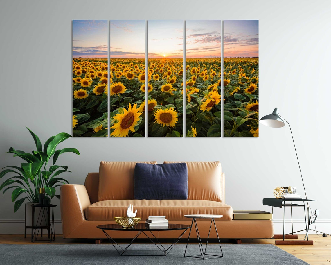 Sunflower Field at Sunset Golden Blooms Horizon 3 Panel Wall Art - Image 7