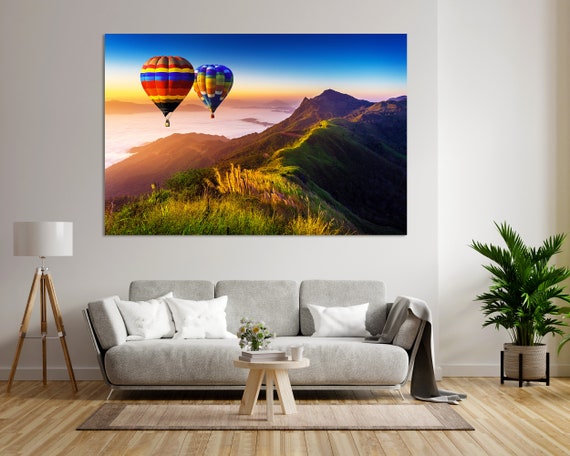 Landscape Of Morning Fog And Mountains With Hot Air Balloons At Sunrise Creative Decor For Home Colorful Landscape Art For Gift
