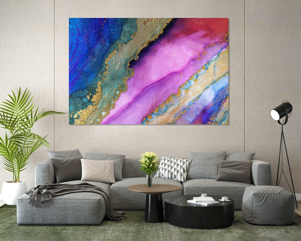 Purple Pink Blue Gold Diagonal Marble Ink Flow Wall Art Poster - Image 8