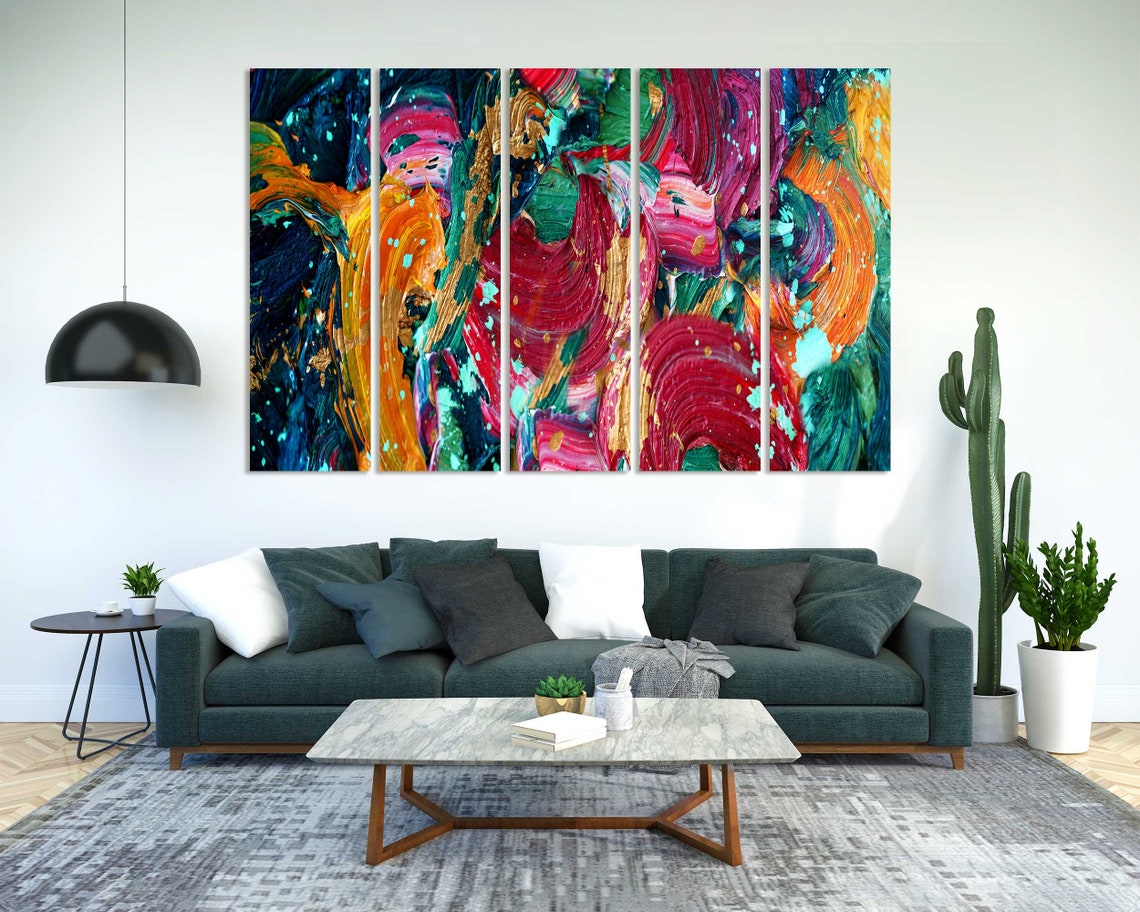 Colorful Abstract Brushstroke Art Magenta Teal Gold Bold Oil Print - Image 2