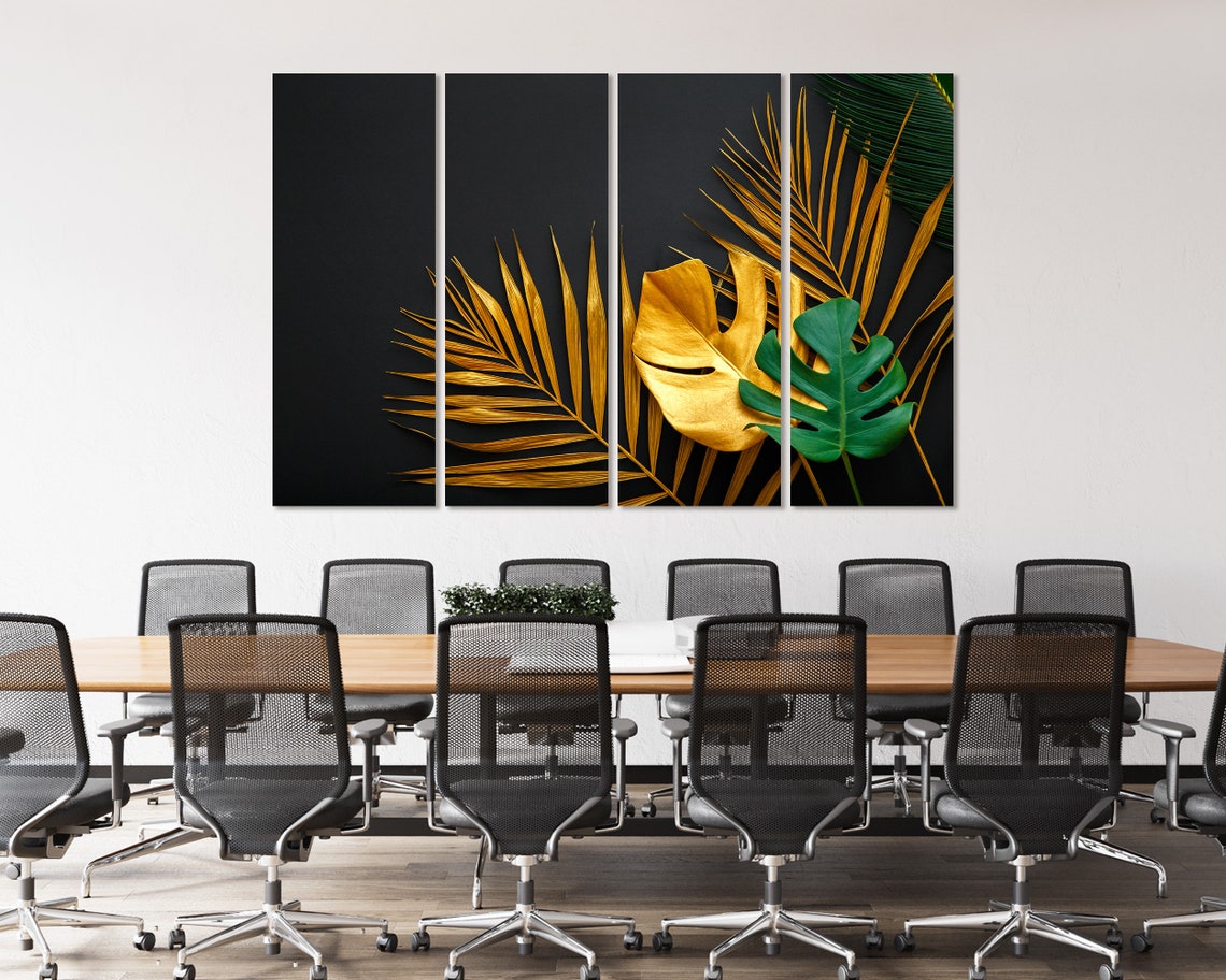 Gold Tropical Palm Leaves Monstera Black Background Botanical Poster - Image 5