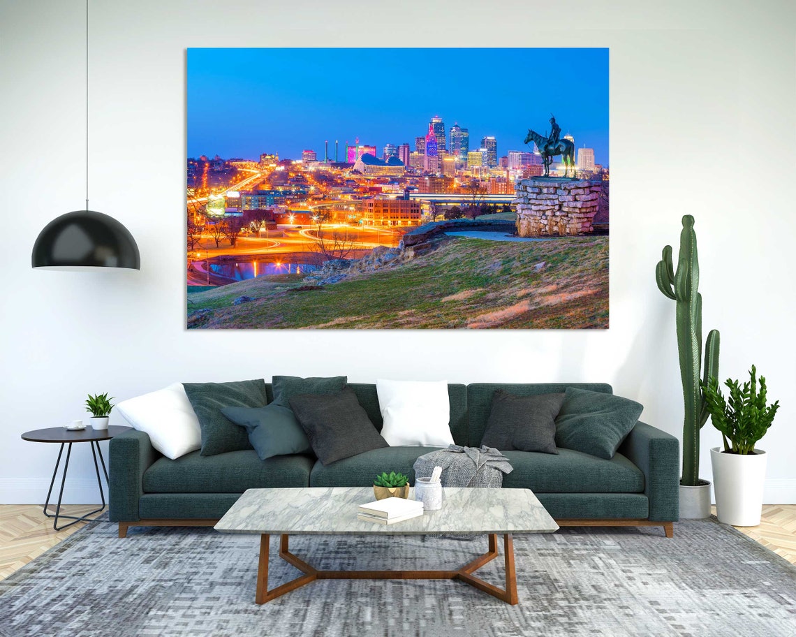 Kansas City Missouri Downtown Skyline Night Lights Scout Statue Poster - Image 2