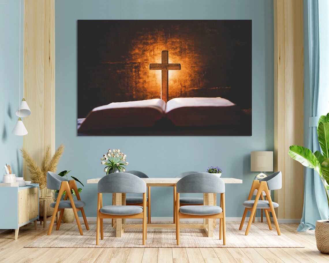 Wooden Cross Open Bible Glowing Light Faith Inspiration Christian Wall Poster - Image 3