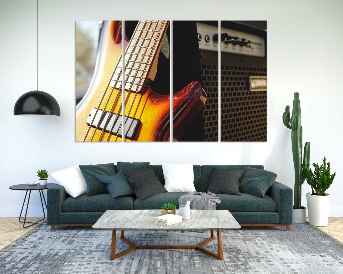 Sunburst Electric Bass Guitar Close Up Amplifier Music Room Poster - Image 2