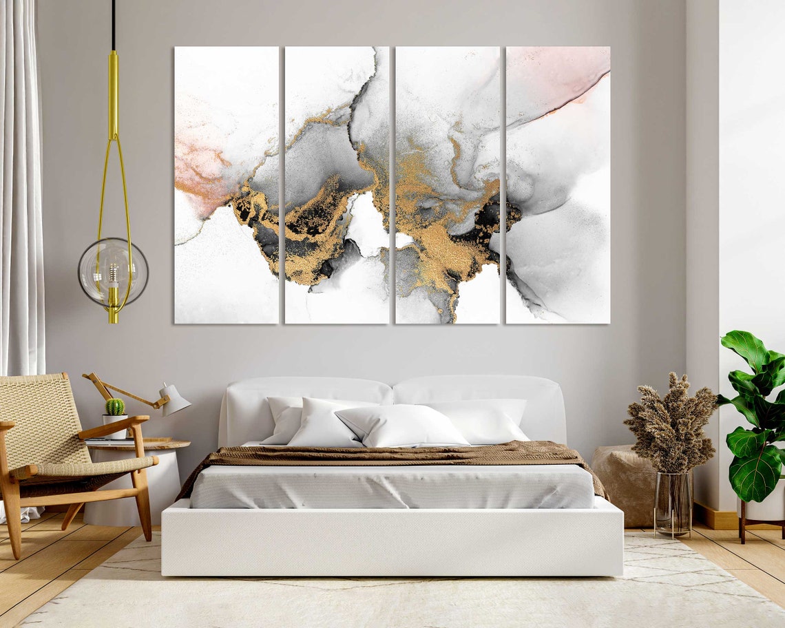 White Gray Gold Marble Abstract Watercolor Three Panel Modern Wall Art - Image 8