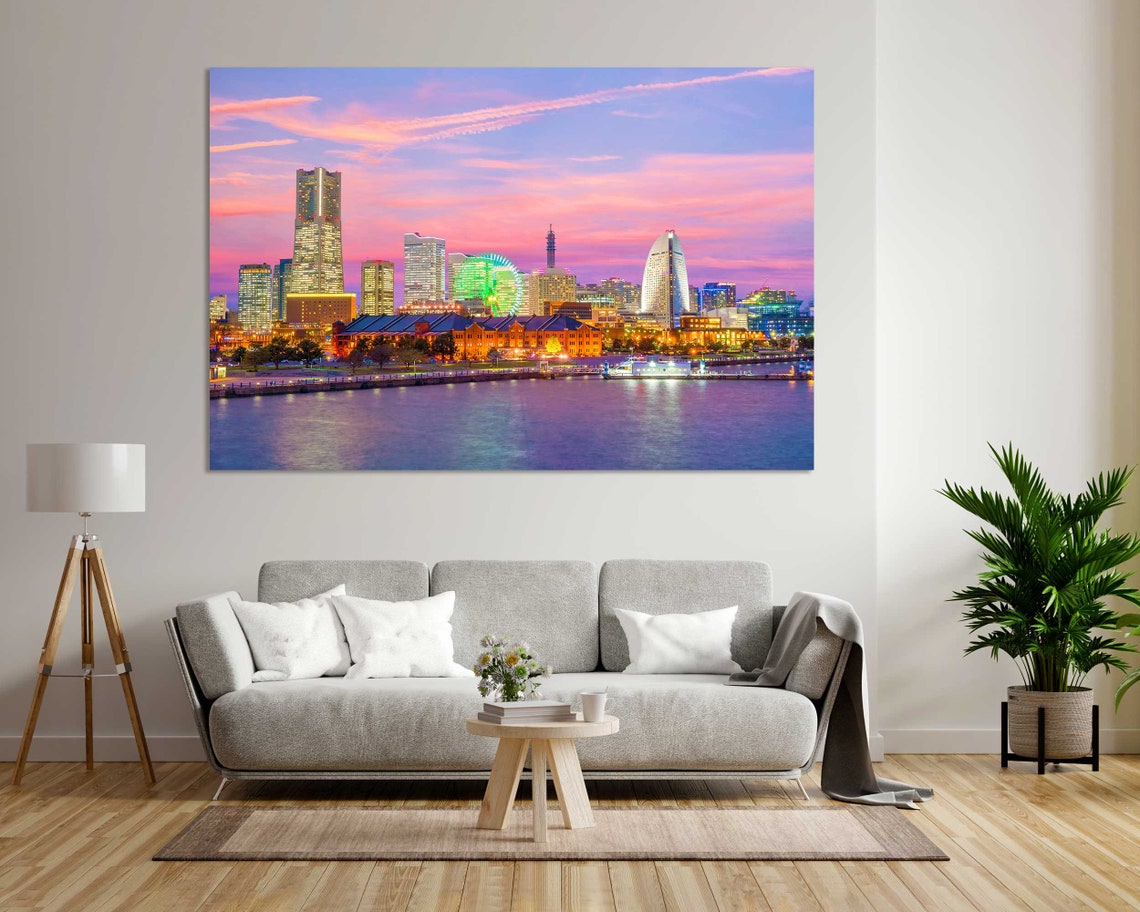 Yokohama Japan Skyline Sunset Ferris Wheel Harbor Lights Travel Poster