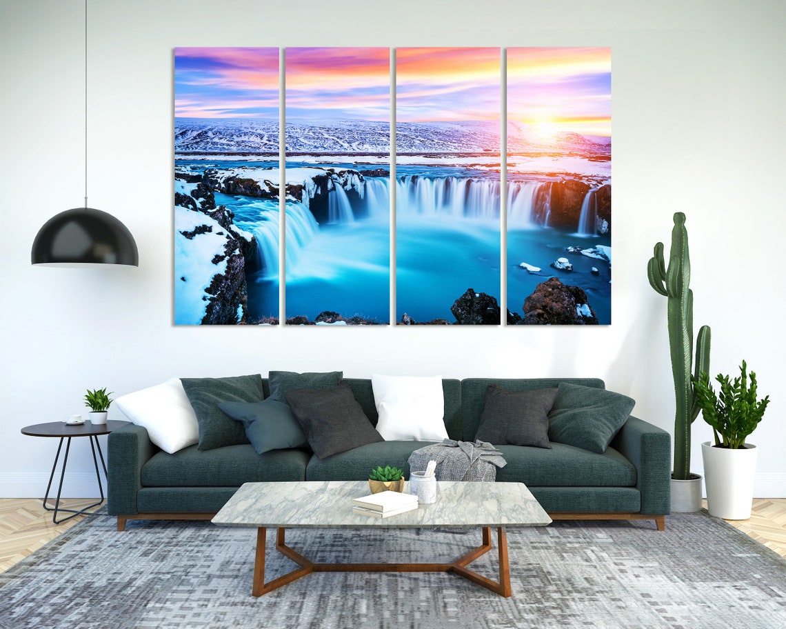 Godafoss Waterfall Iceland Winter Sunset Snow Blue Cascade Poster