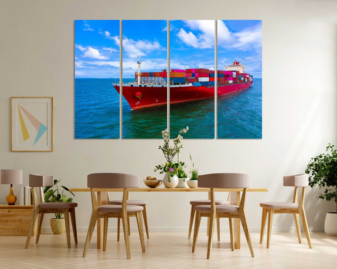 Red Container Cargo Ship Sailing Blue Ocean Quadriptych Sea Art Poster - Image 6