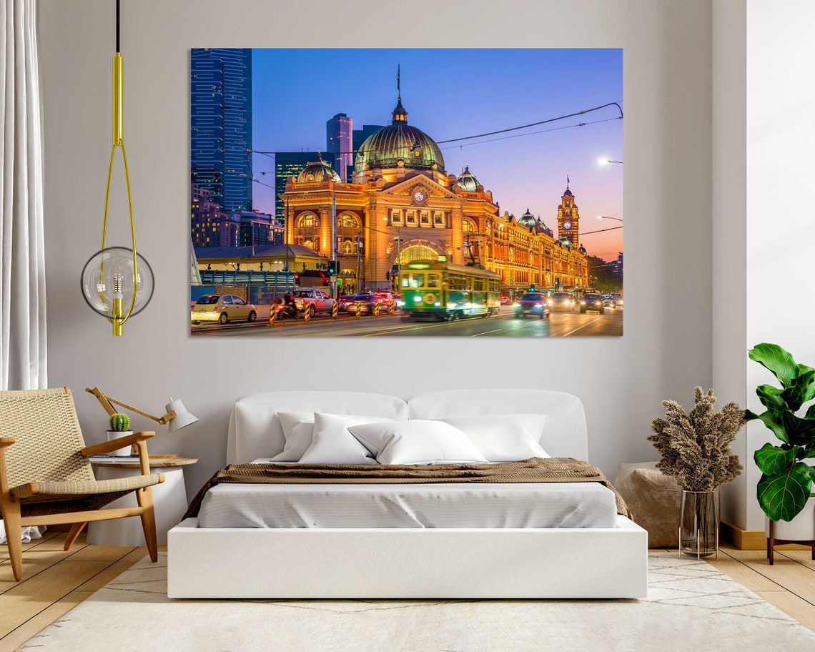 Melbourne Flinders Street Station Dusk Tram Cityscape Travel Poster