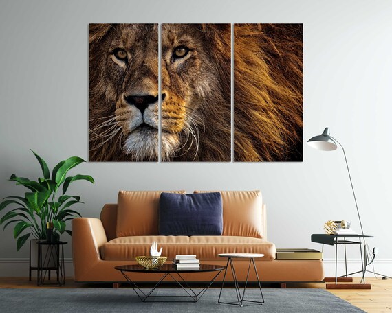 Powerful Lion Face Close Up Golden Mane Wild 3 Panel Wall Art