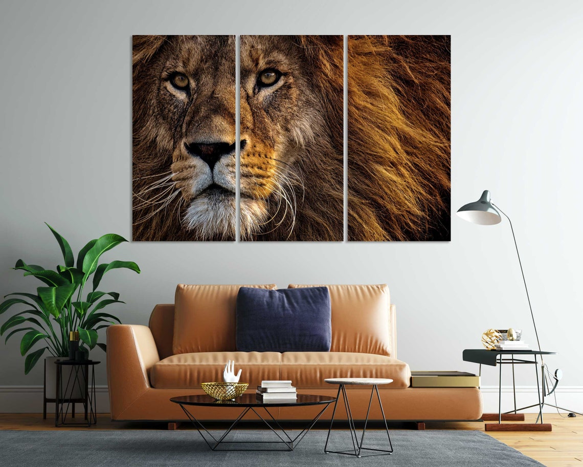 Powerful Lion Face Close Up Golden Mane Wild 3 Panel Wall Art