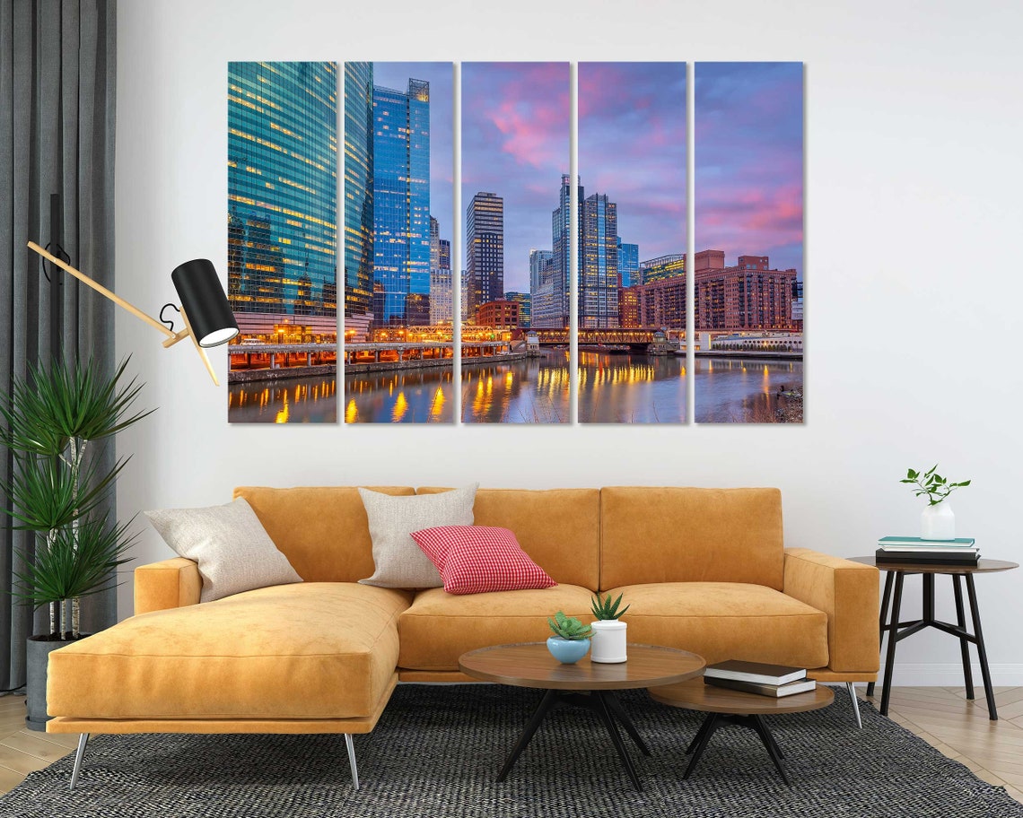Chicago Downtown River Dusk City Lights Skyline Illinois Travel Poster - Image 2