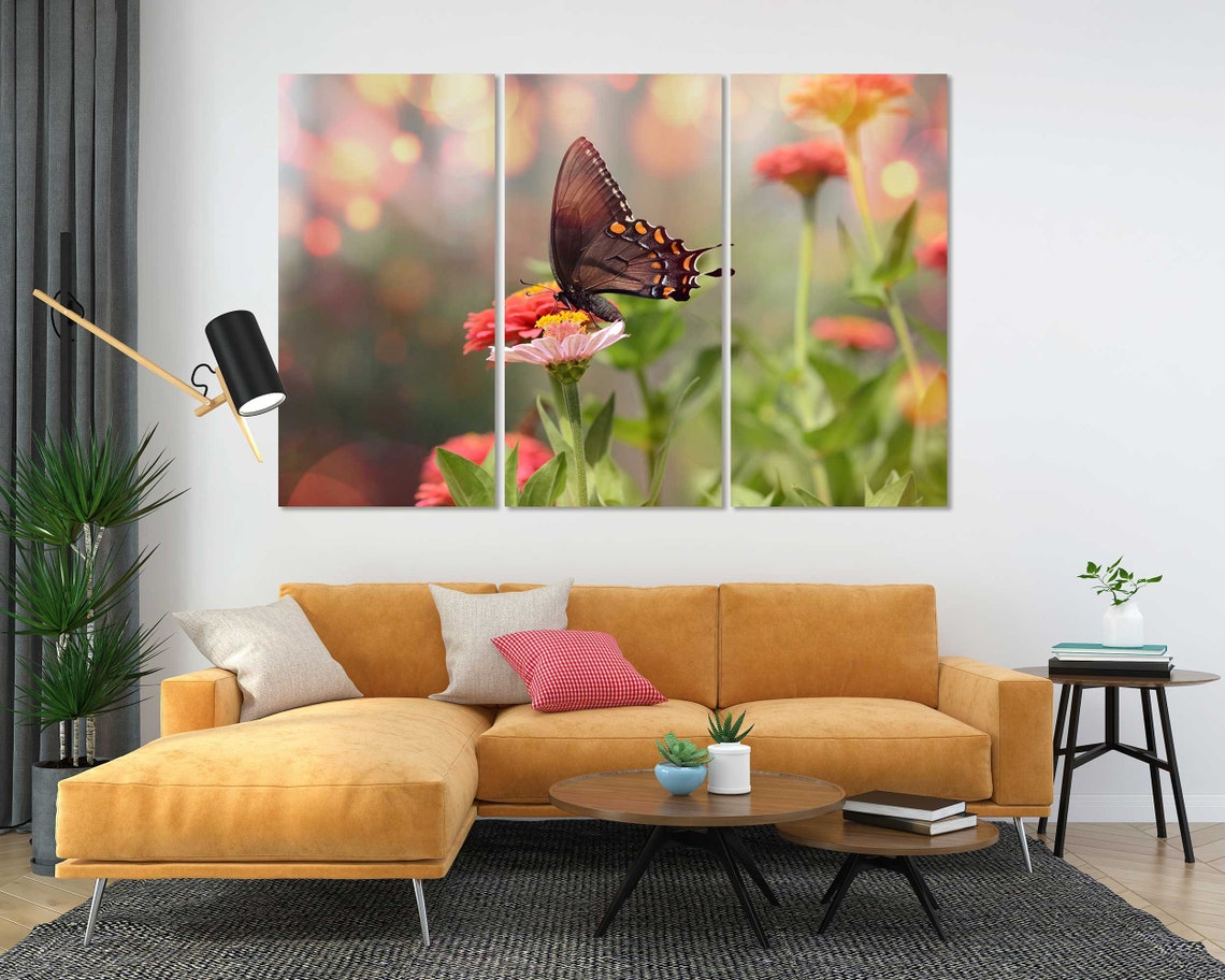 Dark Brown Butterfly On Pink Zinnia Flowers Bokeh Garden Wall Art - Image 4