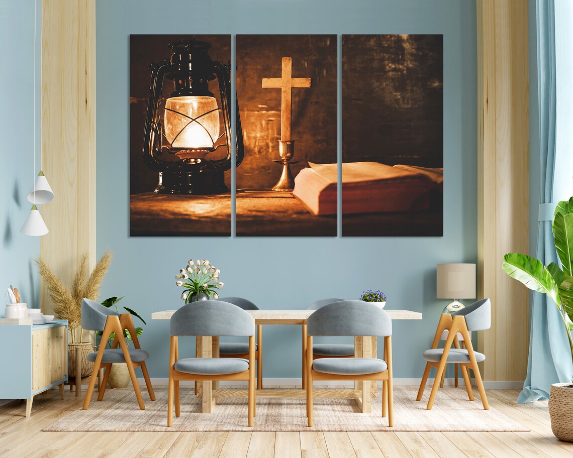 Kerosene Lantern Wooden Cross And Open Bible Warm Light Spiritual Poster - Image 3