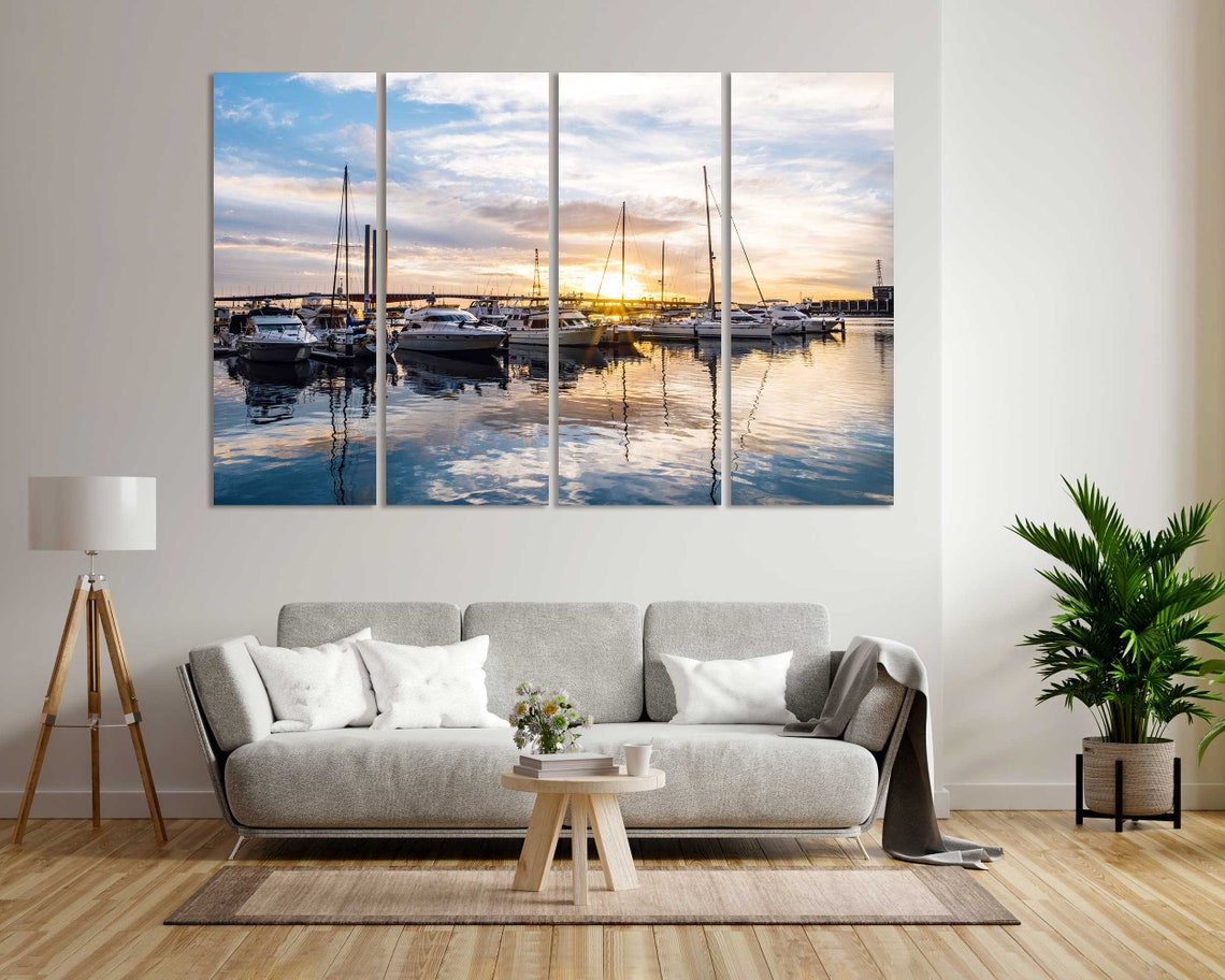 Sunset Marina Harbor Yachts Sailboats Golden Water Reflections Poster - Image 8