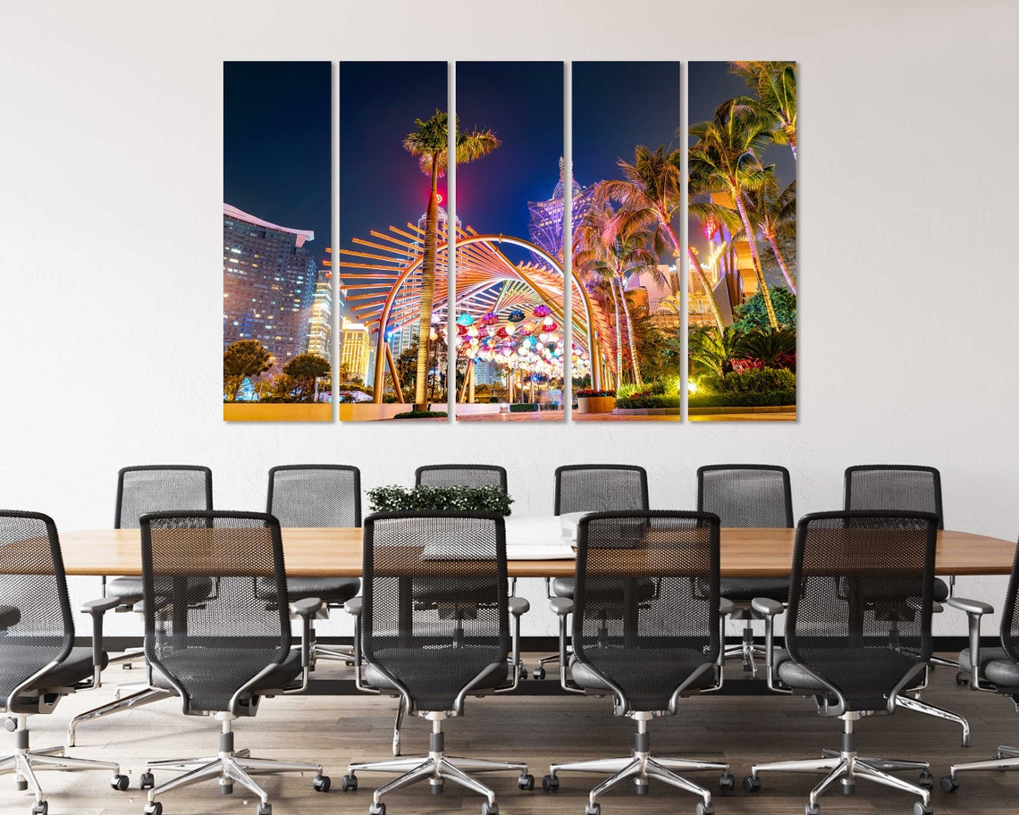 Macau Night Scene with Palm Trees Lit Archway Casino Lights Poster - Image 4