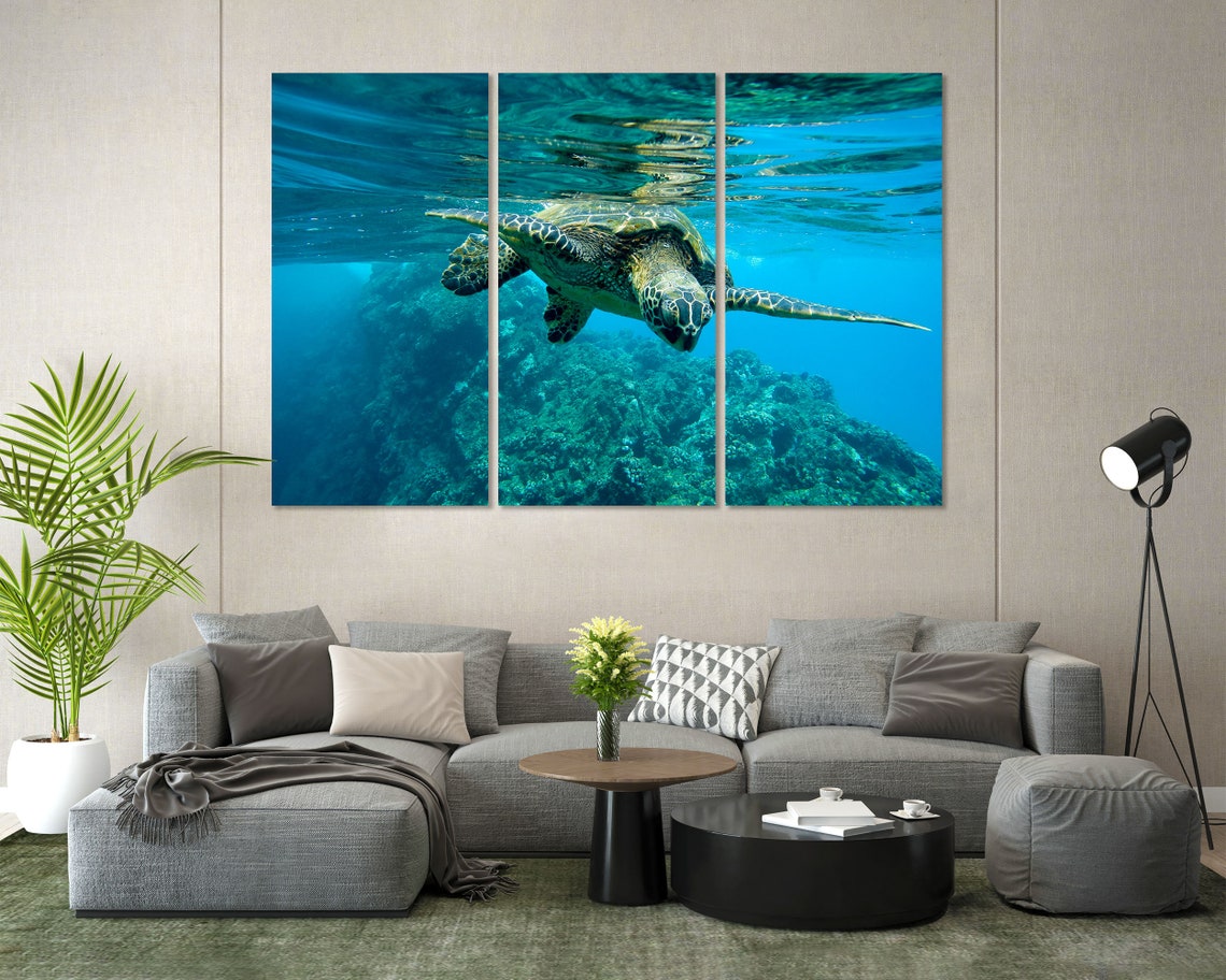 Sea Turtle Underwater Coral Reef Bright Turquoise Ocean Art Poster