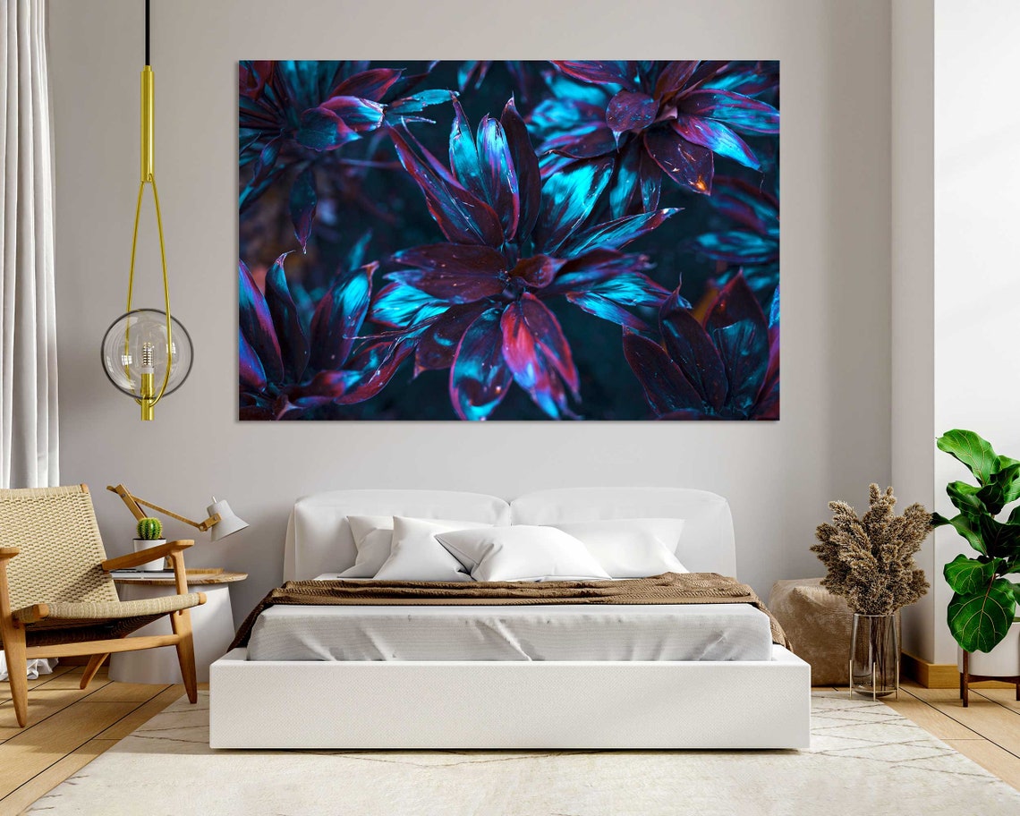 Neon Blue And Purple Tropical Leaves Dark Botanical Wall Art