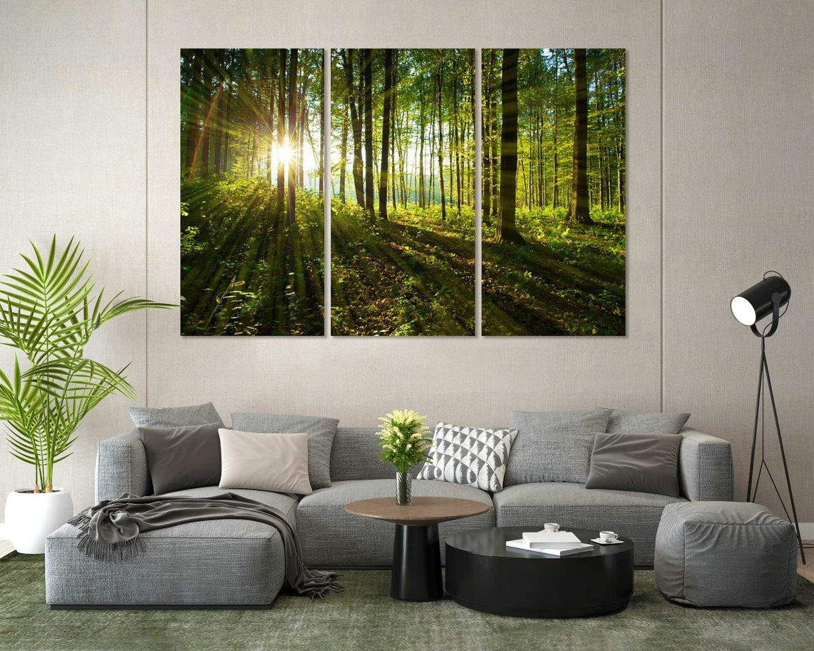 Sunlit Green Forest Sunbeams Through Tall Trees Nature Calm Poster - Image 6