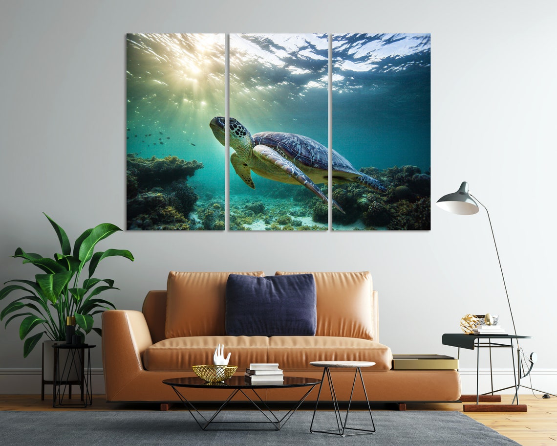 Green Sea Turtle Swimming Underwater Sun Rays Coral Reef Poster - Image 7