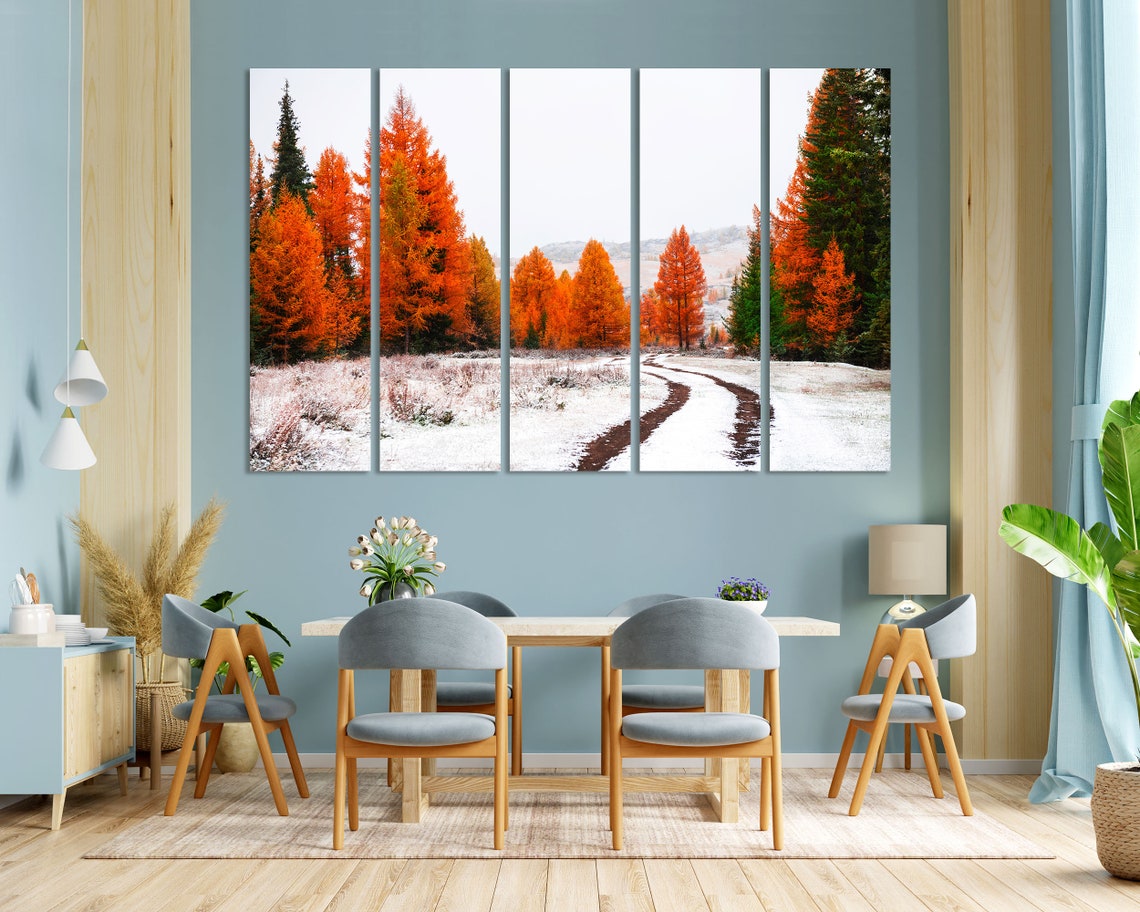 First Snow In Autumn Forest Orange Larch Trees Winter Path Poster - Image 3