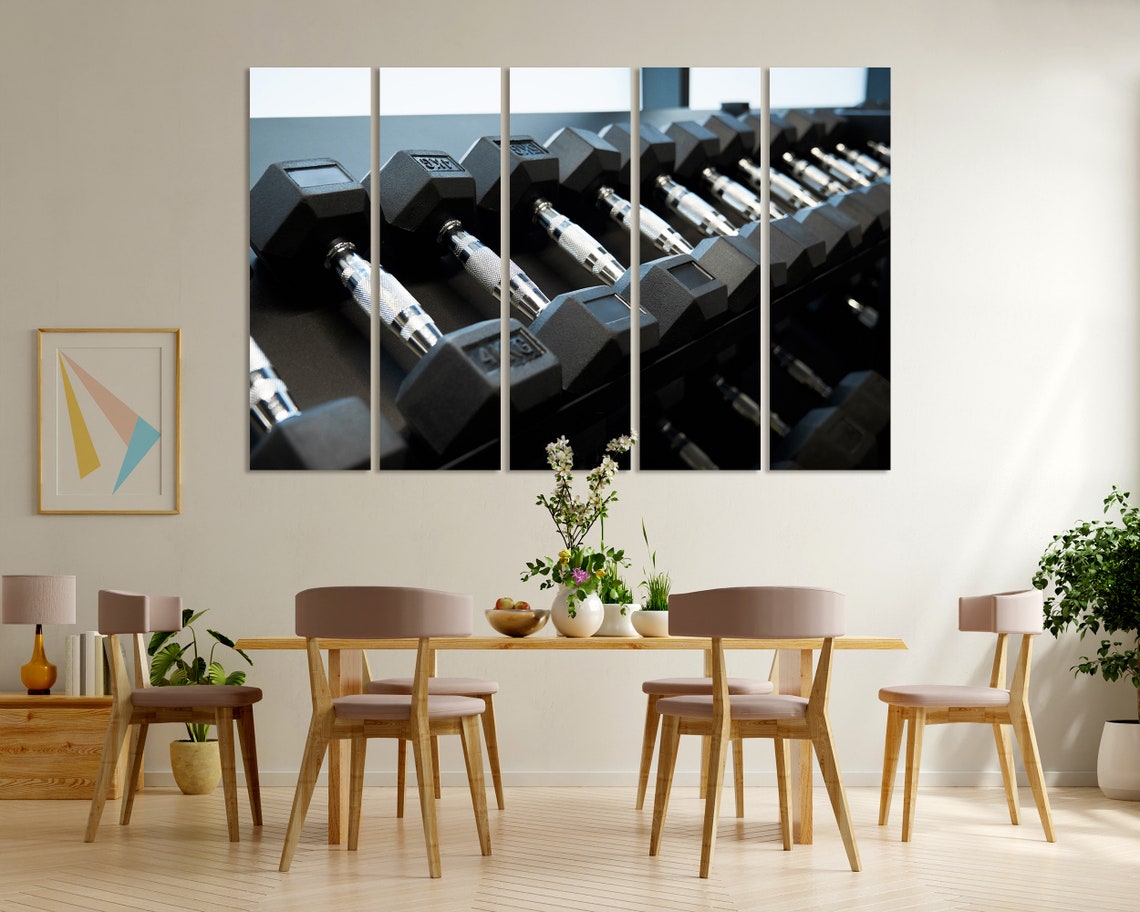 Black Dumbbells on Gym Rack Triptych Powerlifting Fitness Poster - Image 5