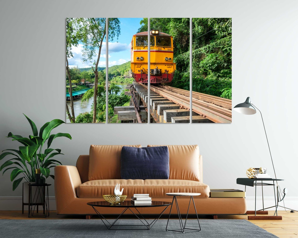 Yellow Train Crossing Wooden Trestle Bridge Jungle River Travel Print - Image 7