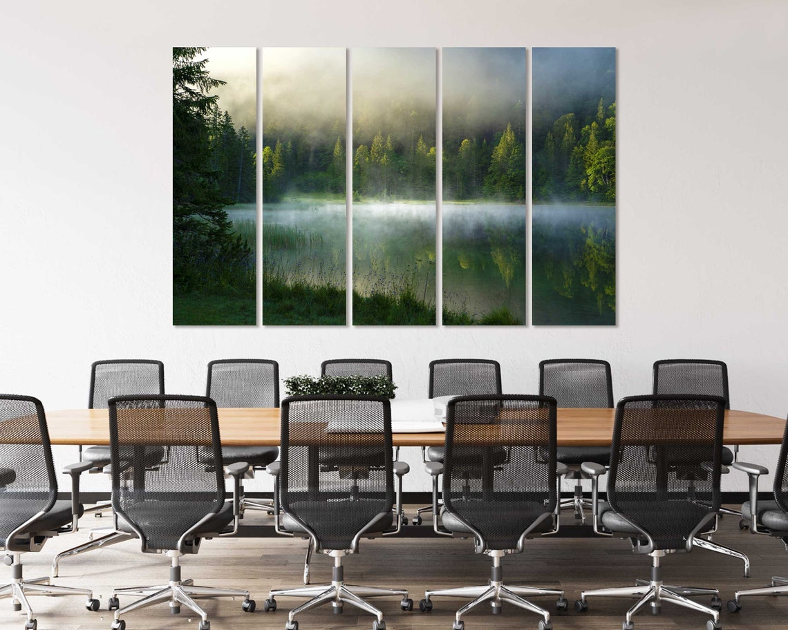 Foggy Morning Lake with Misty Evergreen Forest Reflection View Poster - Image 4
