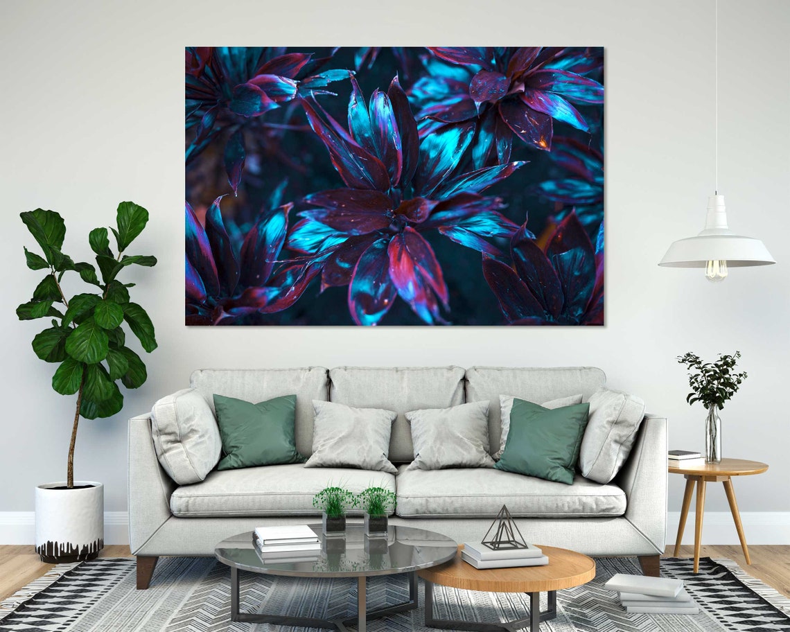 Neon Blue And Purple Tropical Leaves Dark Botanical Wall Art - Image 7