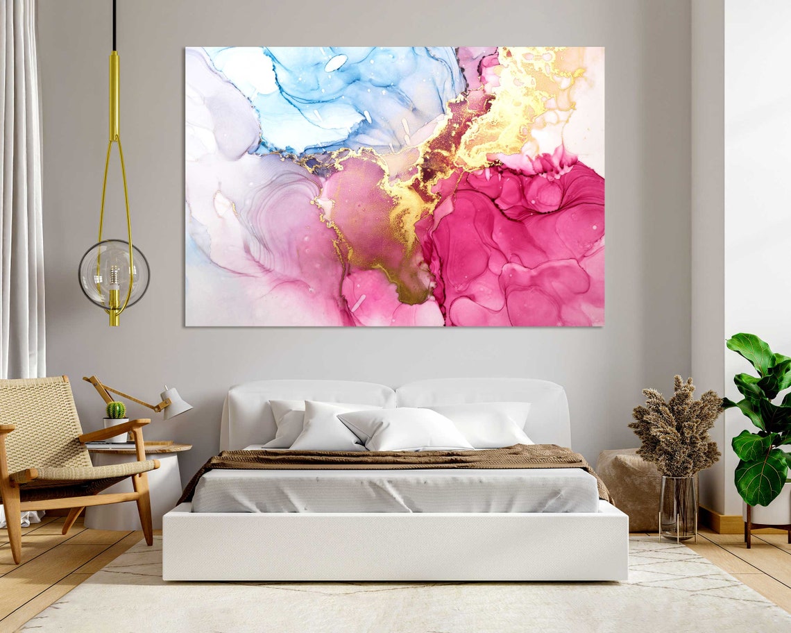 Elegant Pink Blue Gold Abstract Ink Swirls Modern Fluid Art Poster