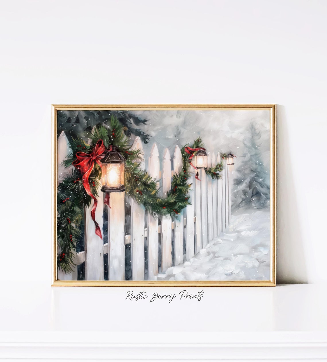 Snowy Picket Fence Garland Lanterns Red Bows Winter Night Art Print