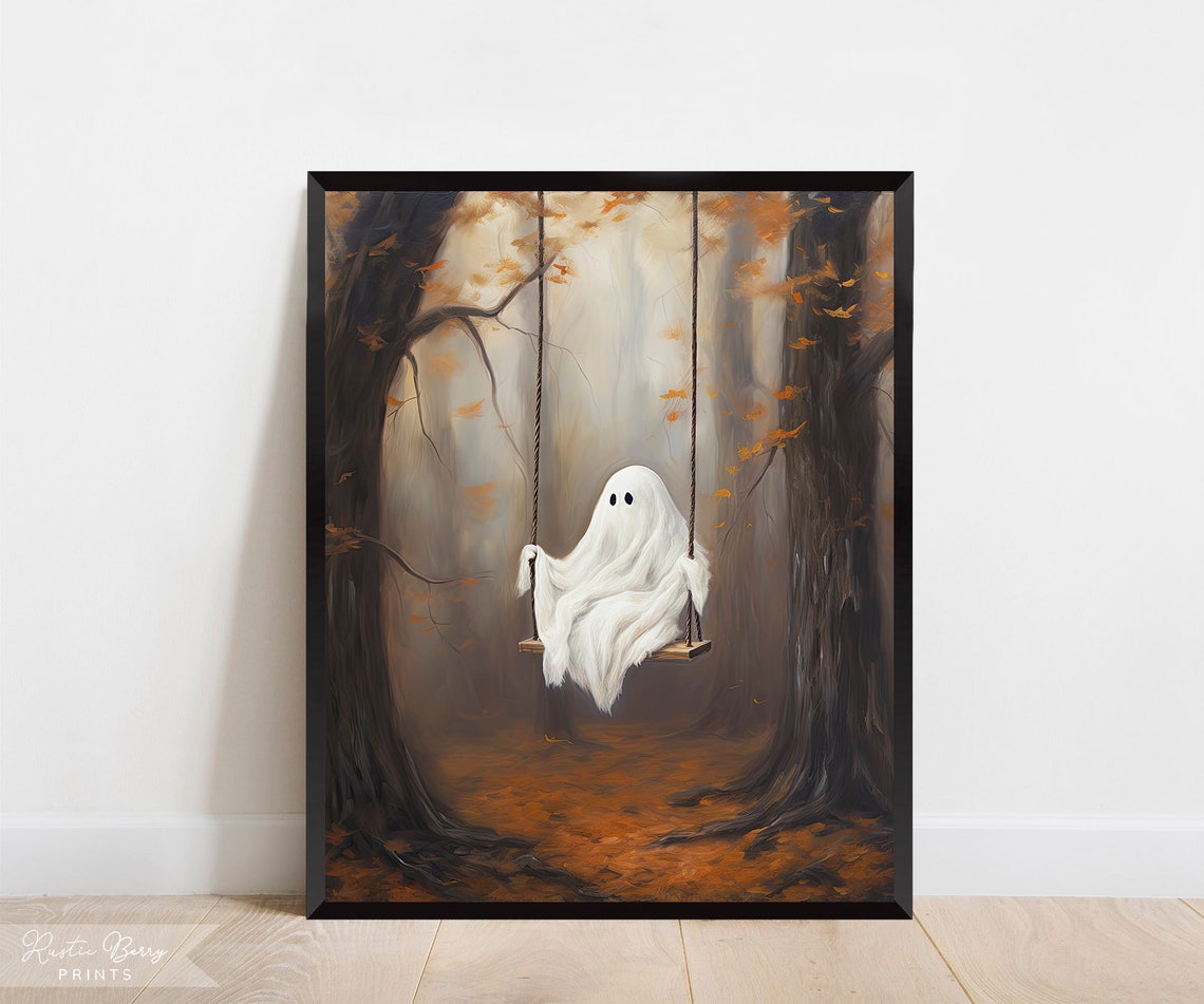 Ghost Art Print Oil Painting Cute Ghost Spooky Halloween Fall Decor Ghost On Swing Vintage