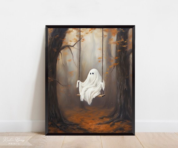Cute Ghost On Swing Moody Autumn Forest Orange Fall Foliage Halloween Poster