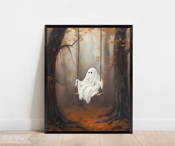 Ghost Art Print Oil Painting Cute Ghost Spooky Halloween Fall Decor Ghost On Swing Vintage